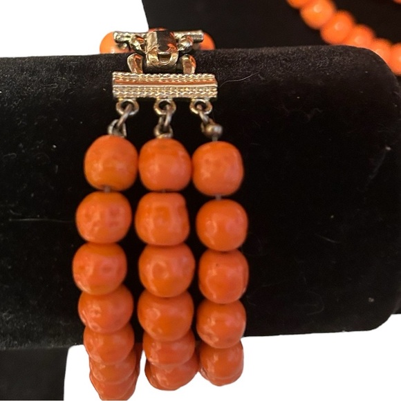 MCM Coral Colored Glass 3 Strand Necklace and Bracelet Set - Picture 3 of 3